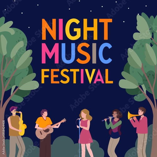 Night music festival illustration featuring musicians performing under a starry sky