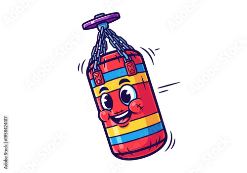 Happy cartoon punching bag with a smiling face and colorful stripes