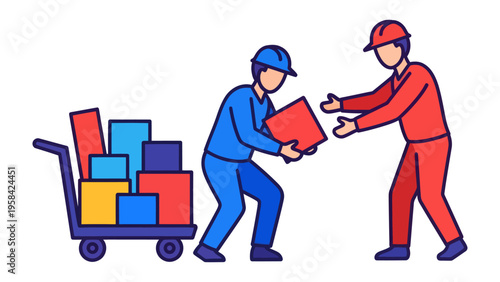 Logistics Harmony: Two diligent workers collaborate seamlessly, transferring boxes from a cart, embodying efficiency and teamwork in a distribution center.