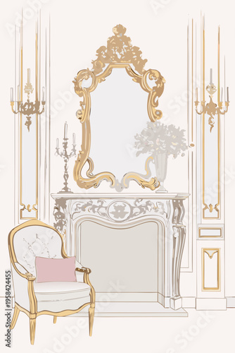 An ornate vintage room featuring a gilded mirror and marble fireplace