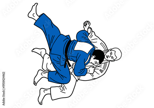 Dynamic illustration of two judo athletes engaged in a grappling match on a white background