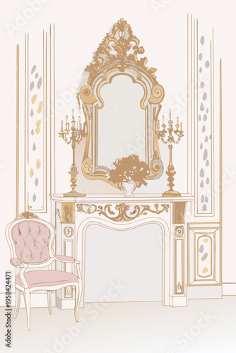 An ornate vintage interior featuring a gilded mirror and decorative furniture