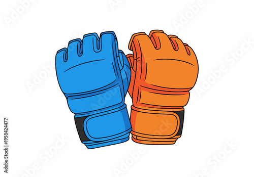 Pair of MMA gloves, one blue and one orange, ready for combat