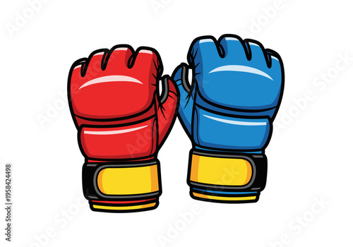 Pair of MMA gloves, one red and one blue, ready for combat