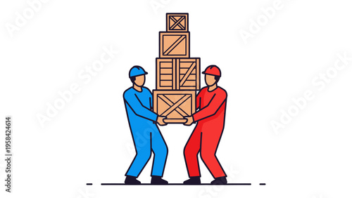 Delivery and teamwork: Two workers work together to transport the cargo, teamwork spirit of logistics and industry. 