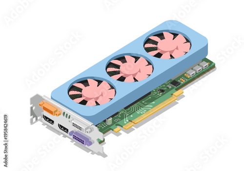 Modern computer graphics card with three cooling fans and multiple ports