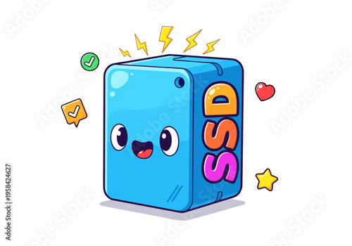 Cute cartoon SSD drive character with lightning bolts and checkmarks