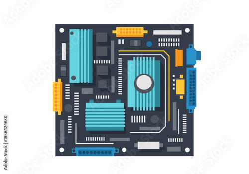 Flat design illustration of a computer motherboard with colorful components and connectors
