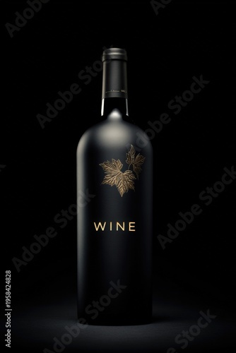 Elegant black wine bottle with golden leaf design, isolated on dark background for premium branding