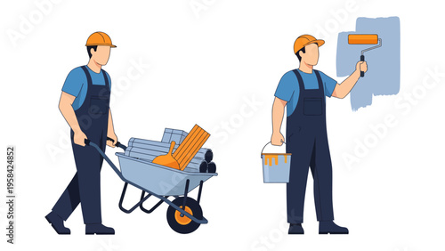 Painting and Construction: A pair of illustrations showcasing a worker engrossed in construction tasks.