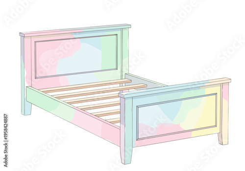 Modern pastel colored bed frame with wooden slats for mattress support