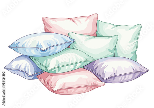 Soft pastel colored pillows piled up for a cozy and comfortable sleep experience