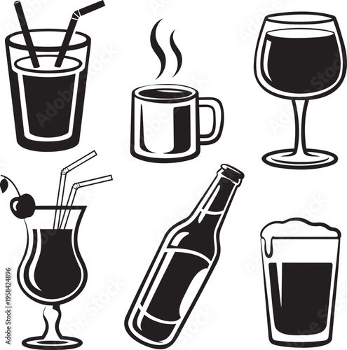 A selection of black and white silhouette icons representing various popular alcoholic and non alcoholic drinks