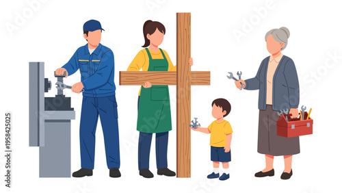 Crafting a Community: Depicts a group of people of diverse ages, each contributing to a constructive task, representing a collaborative spirit and community. 