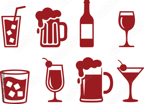 A striking collection of eight solid red silhouette icons showcasing a variety of popular beverages and alcoholic drinks
