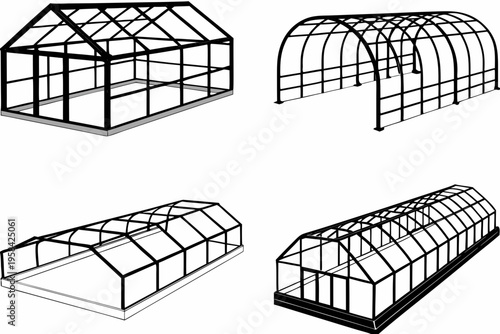 Architectural renderings of various greenhouse frame designs in black outlines