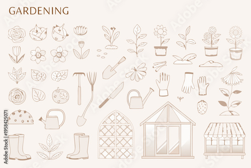 A collection of hand drawn gardening tools plants and greenhouse elements