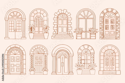 Collection of ornate vintage arched doorways with detailed architectural features