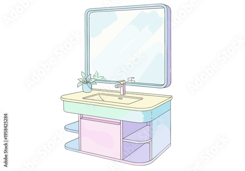 Modern bathroom vanity with sink and mirror in pastel colors