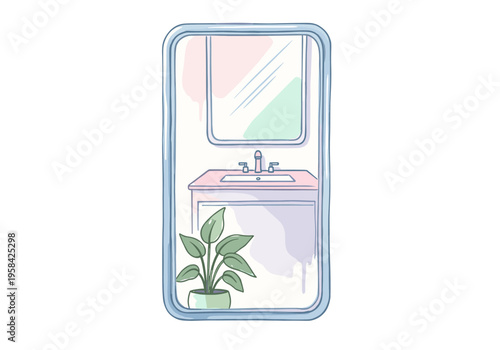 Minimalist bathroom vanity with sink, mirror, and potted plant in a clean, modern style