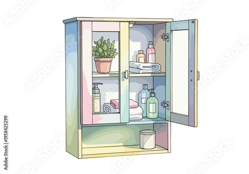 Open bathroom cabinet filled with toiletries, towels, and a potted plant