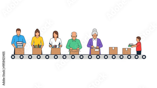 Packing Line: Workers of diverse ages and backgrounds are efficiently engaged in a product packing line. The image captures the essence of teamwork and streamlined productivity in a business setting.