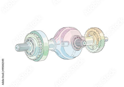 Detailed illustration of a differential gear assembly with shafts and bearings