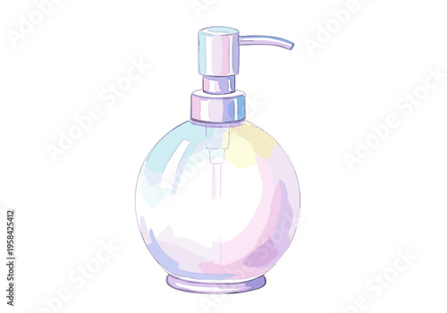 Clear glass dispenser bottle with pastel watercolor accents and pump top