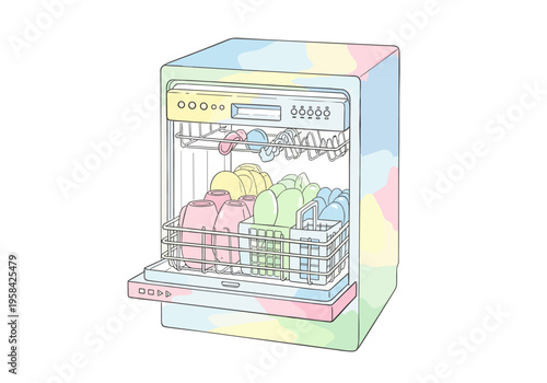 Cute pastel dishwasher filled with clean dishes and cutlery ready for drying