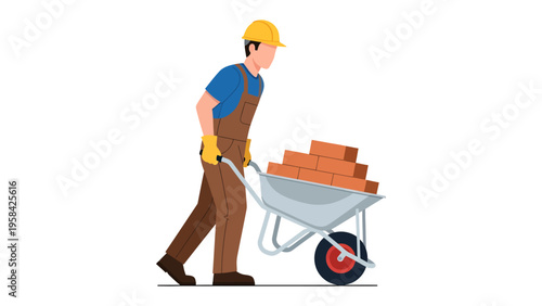 Construction worker with bricks in wheelbarrow: a construction worker confidently moves a wheelbarrow filled with sturdy bricks, symbolizing the hands-on process of building and progress. 