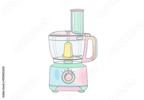 Pastel colored food processor with transparent bowl and blades inside