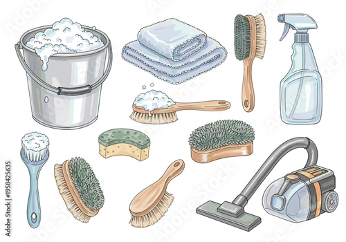 Collection of cleaning supplies including a bucket of suds, brushes, and a vacuum cleaner