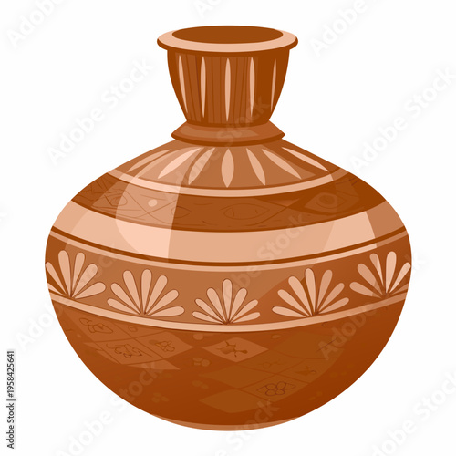 An ornate brown pottery vase with geometric and floral designs