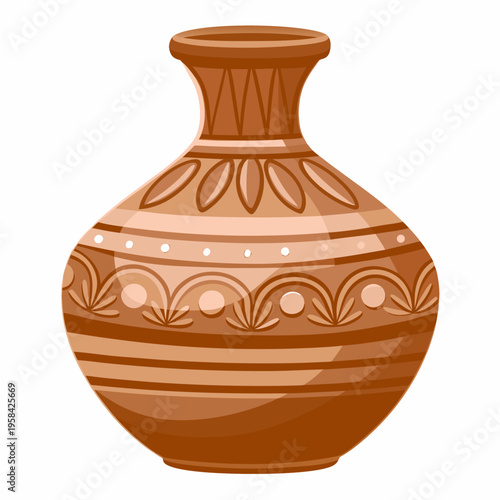 An illustrated terracotta vase with decorative patterns and a rounded form