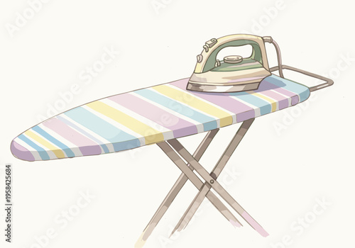 Illustration of a striped ironing board with a steam iron ready for use
