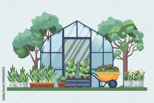 A charming greenhouse with vibrant plants and a yellow wheelbarrow