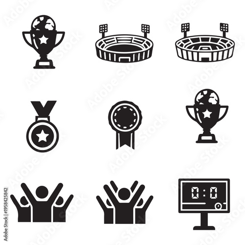 collection of sports icons including trophies and stadium isolated on transparent background