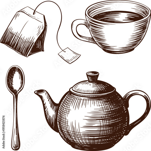 Essential items for brewing a cup of tea including a bag a spoon and a classic teapot