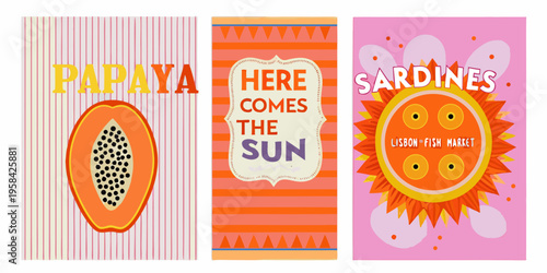 Three vibrant illustrated panels displaying papaya sunshine and sardines