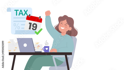 April 19 Tax Day Concept, Happy Woman Finishing Taxes on Laptop Flat Design Illustration