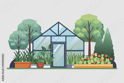 A charming glass greenhouse stands amongst lush greenery and vibrant plants