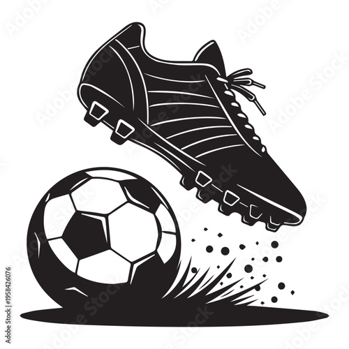 Black soccer cleat kicking a soccer ball isolated on transparent background