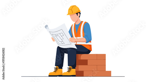 Blueprint Contemplation: A construction worker, clad in safety gear, intently studies a blueprint, poised on a brick structure, embodying meticulous planning and attention to detail.