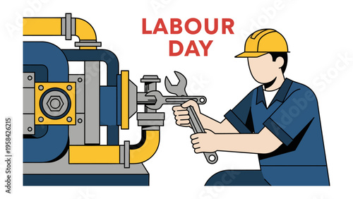 Labor Day Celebratory: An illustrated craftsman works diligently, set against a backdrop symbolizing industrial activity.