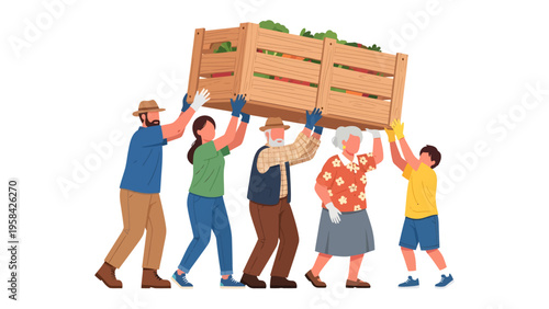 Harvest Harmony: A united group of diverse individuals collectively lift a large wooden crate filled with freshly harvested produce, embodying teamwork and shared labor. 