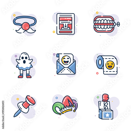 Collection of fun April Fools Day icons with a playful, cartoonish style.