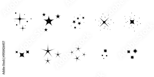 Shine icons set. Black sparkle and glimmer star collection. Design element isolated vector object set.