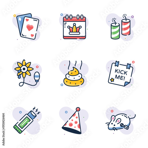 Ready to use outline design icons representing April Fool's Day pranks and humor.
