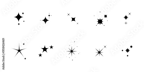 Sparkle icons set. Shiny stars isolated design elements. Vector glimmering shining star sparkles.
