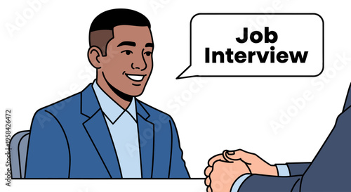 Job interview illustration with a smiling male candidate and recruiter.